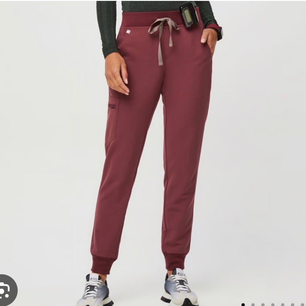 Figs high waisted Zamora jogger scrub pants. Dark cherry.
